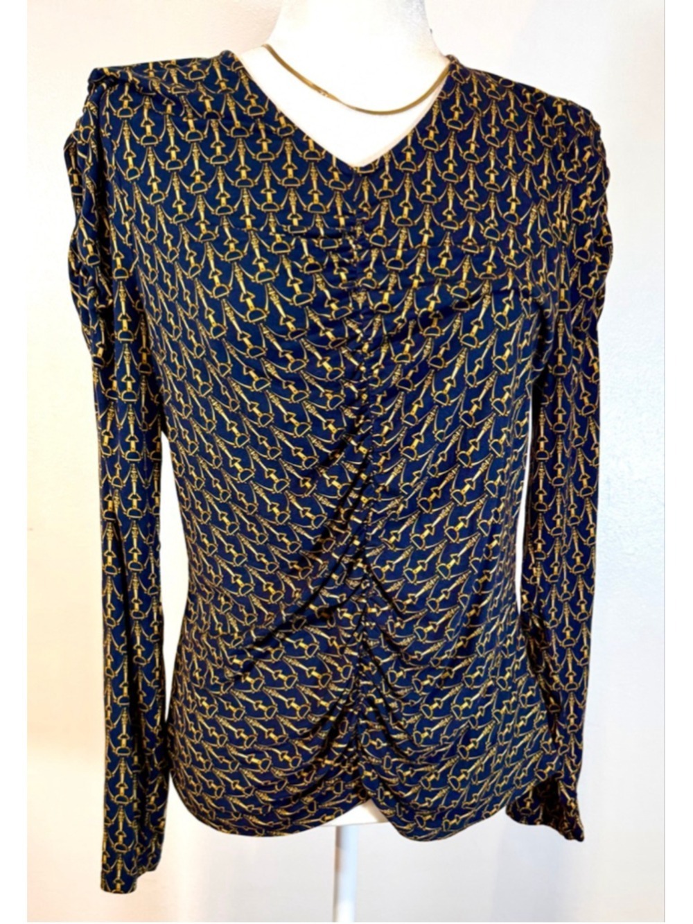 Veronica Beard Navy Gold Horse Bit Long Sleeve blouse touched L